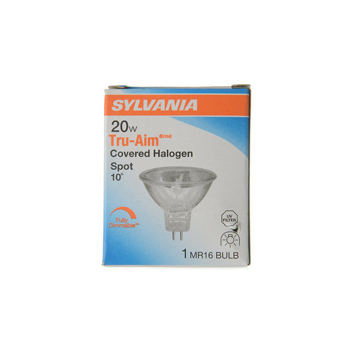 Sylvania 20MR16SP10CESX 12V Tungsten Halogen Tru-Aim MR16 Standard Axial Filament UV Filter Dichroic Reflector Cover Glass Gu5.3 Bi-Pin Base 20W 12V Spot Beam 2800K (54305)