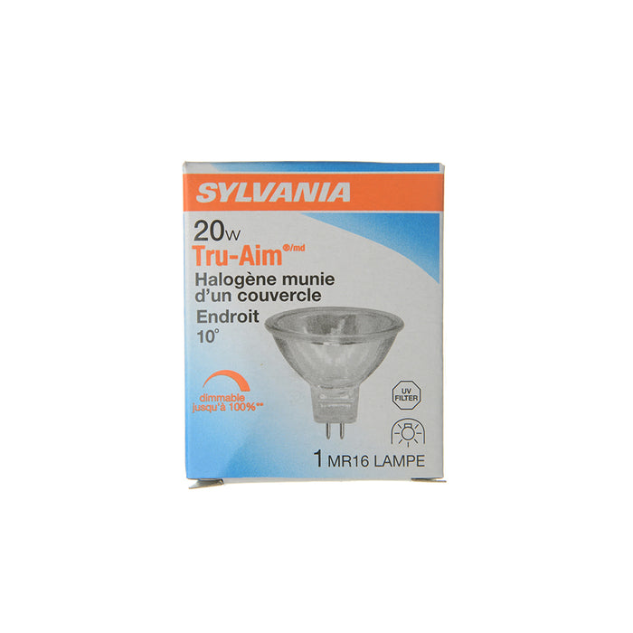 Sylvania 20MR16SP10CESX 12V Tungsten Halogen Tru-Aim MR16 Standard Axial Filament UV Filter Dichroic Reflector Cover Glass Gu5.3 Bi-Pin Base 20W 12V Spot Beam 2800K (54305)