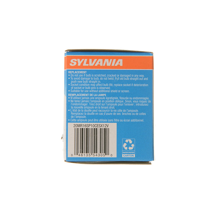 Sylvania 20MR16SP10CESX 12V Tungsten Halogen Tru-Aim MR16 Standard Axial Filament UV Filter Dichroic Reflector Cover Glass Gu5.3 Bi-Pin Base 20W 12V Spot Beam 2800K (54305)