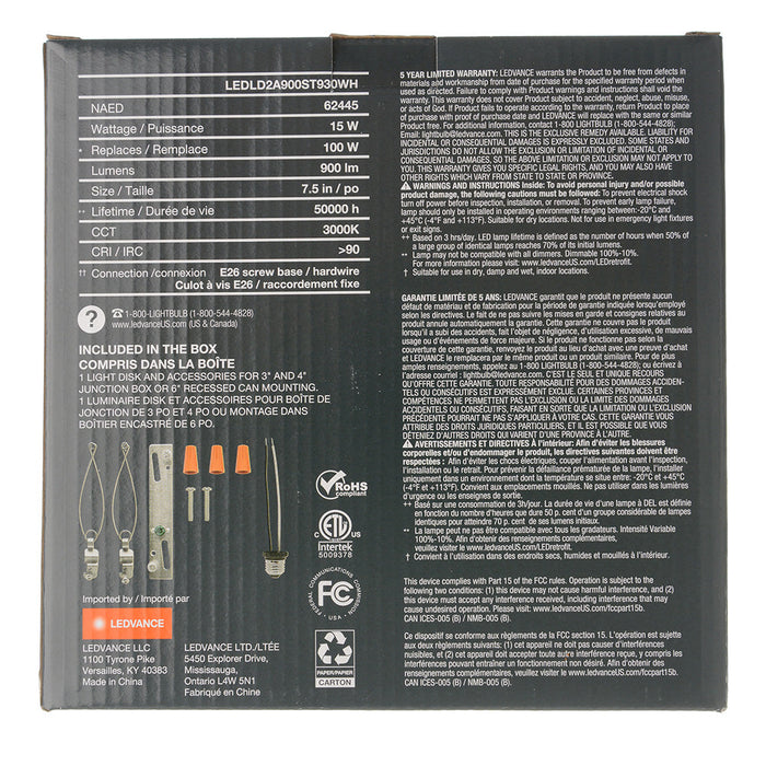 Sylvania LEDLD2A900ST930WH LED Light Disk Single 15W Dimmable 90 CRI 900 Lumen 3000K 50000 Indoor (62445)