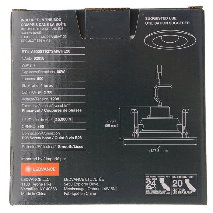 Sylvania RT41A600ST927SMWHE26 Value Class LED Downlight For 4 Inch Can 600Lm 120V 90 CRI 2700K Smooth Finish E26 Adaptor Wet Rated With Plastic Housing (62858)