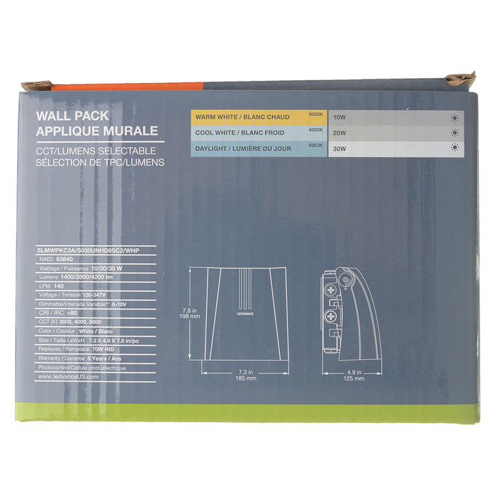 Sylvania SLMWPKC3A/S030UNHD8SC2/WHP Slim LED Wall Pack 3A Wattage/CCT Selectable 10W/20W/30W 3000K/4000K/5000K 120-347V 0-10V Dimming 80 CRI White Photocell (63840)