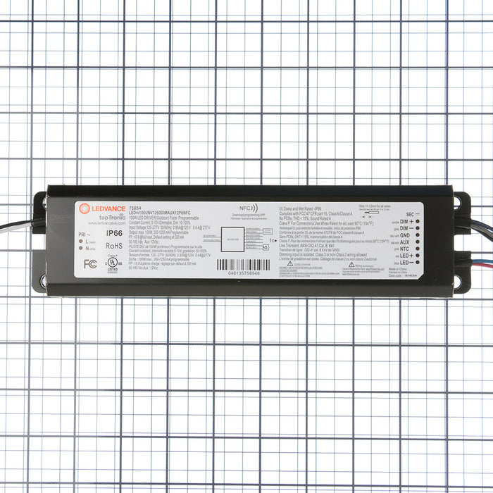 Sylvania LEDrv100UNV1250DIMAUX12P6NFC 100W NFC Outdoor Constant Current LED Driver 350-1250Ma Programmable Dimmable 0-10V 10-100 Percent Range 12V Auxiliary IP66 (75854)