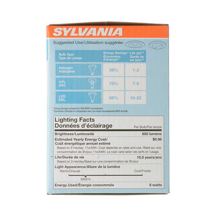 Sylvania LED8BR30DIM83510YVRP2 LED BR30 9W Dimmable 80 CRI 650Lm 3500K 11000 Life 2 Pack/Priced Per Each (78029)