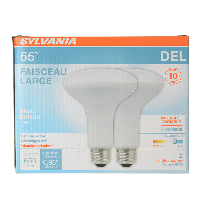 Sylvania LED8BR30DIM83510YVRP2 LED BR30 9W Dimmable 80 CRI 650Lm 3500K 11000 Life 2 Pack/Priced Per Each (78029)