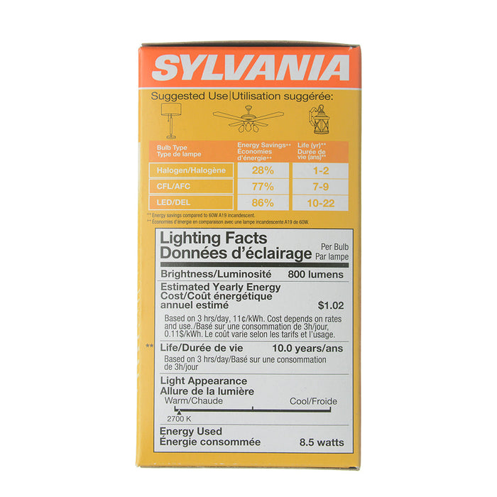 Sylvania LED8.5A19F827GU2410YVRP LED A19 8.5W Frosted 80 CRI 800Lm 2700K 11000 Life (78106)