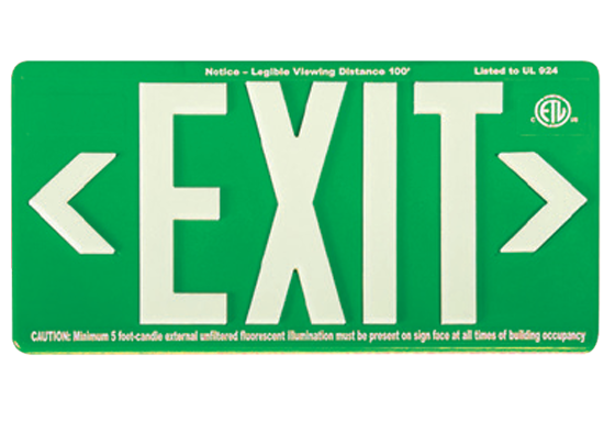 Exitronix Self-Luminous Photoluminescent Exit Sign 100 Foot Viewing Distance Single Face Heavy Duty Molded Frame Mounting Bracket Green Finish (EG100-1-G)