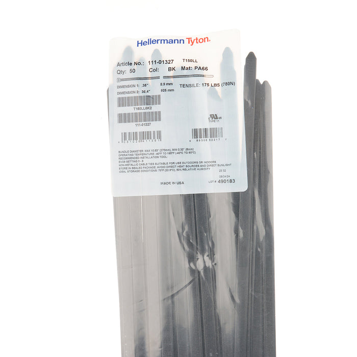 HellermannTyton Heavy Duty Cable Tie 36 Inch Long UL Rated 175 Pound Tensile Strength PA66 Black 50 Per Package (T150LL0K2)