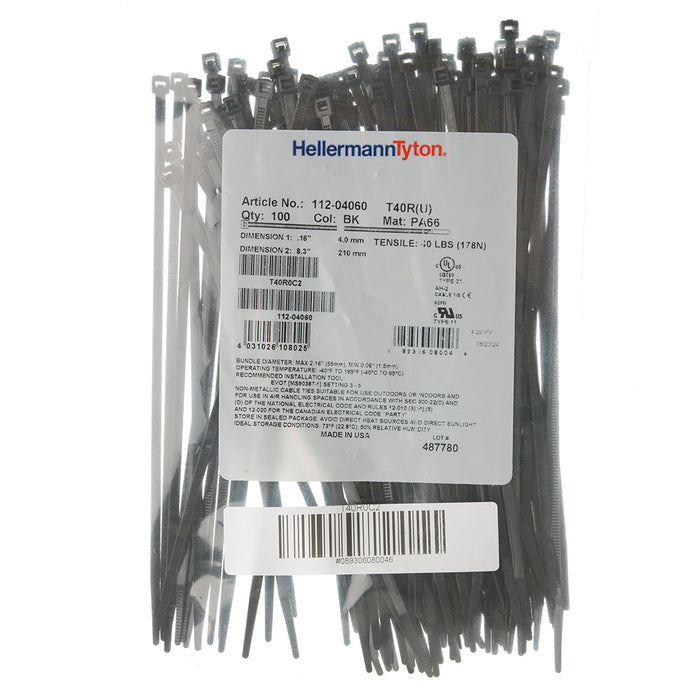 HellermannTyton Standard Cable Tie 8.3 Inch Long UL Rated 40 Pounds Tensile Strength PA66 Black 100 Per Package (T40R0C2)