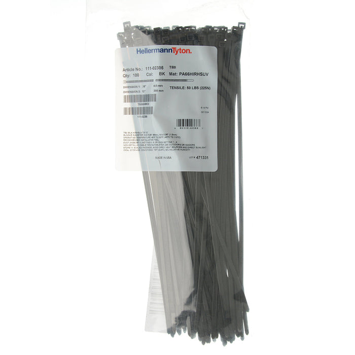 HellermannTyton Standard Cable Tie 12 Inch Long UL Rated 50 Pound Tensile Strength PA66HIRHSUV Black 100 Per Package (T50I0HIRC2)