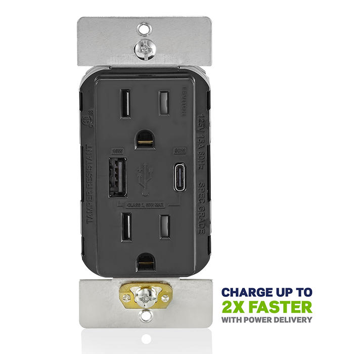 Leviton 60W USB Dual Type A/C Power Delivery Wall Outlet Charger With 15A Tamper-Resistant Outlet Black (T5634-E)