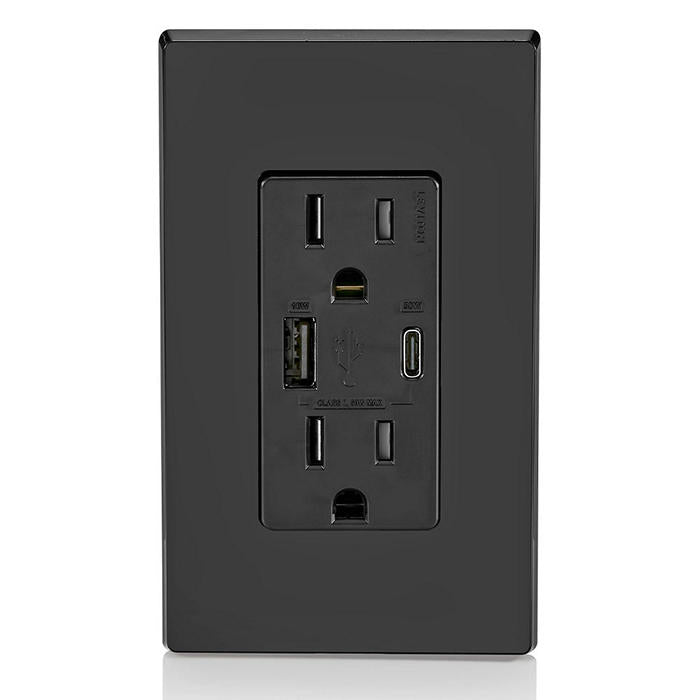 Leviton 60W USB Dual Type A/C Power Delivery Wall Outlet Charger With 15A Tamper-Resistant Outlet Black (T5634-E)