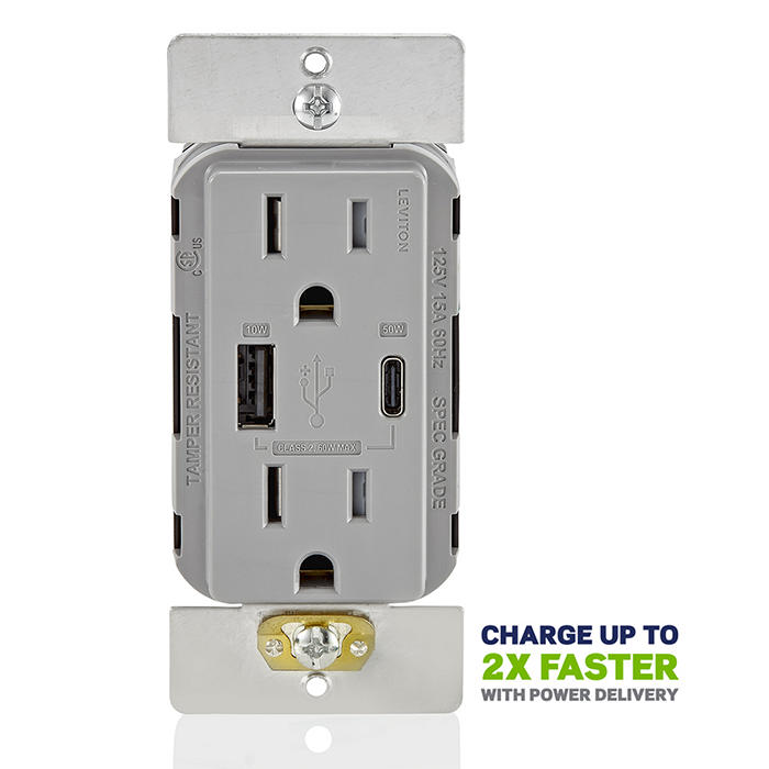 Leviton 60W USB Dual Type A/C Power Delivery Wall Outlet Charger With 15A Tamper-Resistant Outlet Gray (T5634-G)