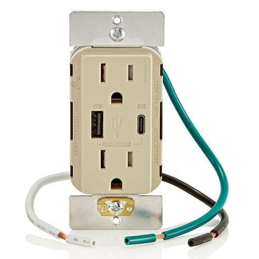 Leviton 60W USB Dual Type AC Wall Outlet Charger With 15A Tamper Resistant Outlet Ivory (T5634-I)