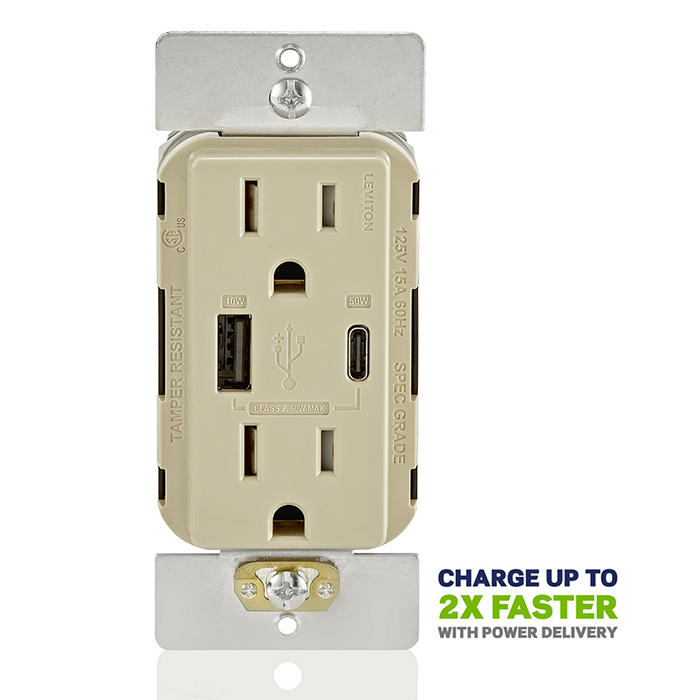 Leviton 60W USB Dual Type AC Wall Outlet Charger With 15A Tamper Resistant Outlet Ivory (T5634-I)