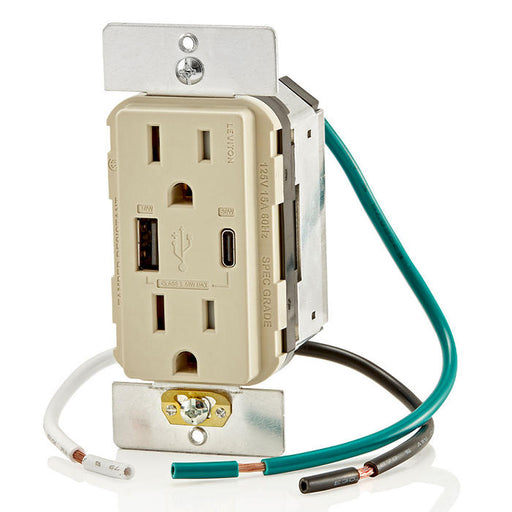 Leviton 60W USB Dual Type AC Wall Outlet Charger With 15A Tamper Resistant Outlet Ivory (T5634-I)