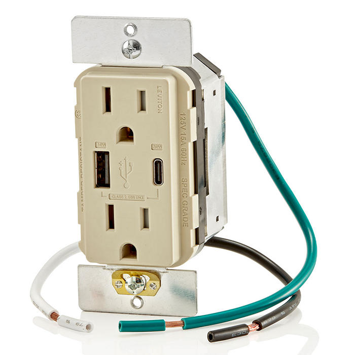 Leviton 60W USB Dual Type AC Wall Outlet Charger With 15A Tamper Resistant Outlet Ivory (T5634-I)