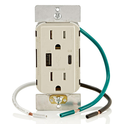 Leviton 60W USB Dual Type A/C Power Delivery Wall Outlet Charger With 15A Tamper-Resistant Outlet Light Almond (T5634-T)