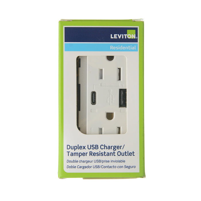Leviton 60W USB Dual Type A/C Power Delivery Wall Outlet Charger With 15A Tamper-Resistant Outlet White (T5634-W)