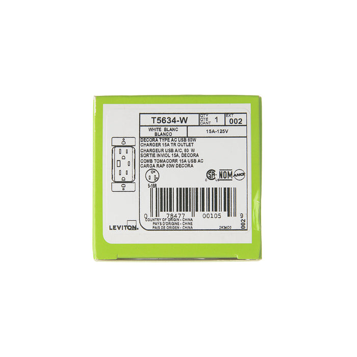 Leviton 60W USB Dual Type A/C Power Delivery Wall Outlet Charger With 15A Tamper-Resistant Outlet White (T5634-W)