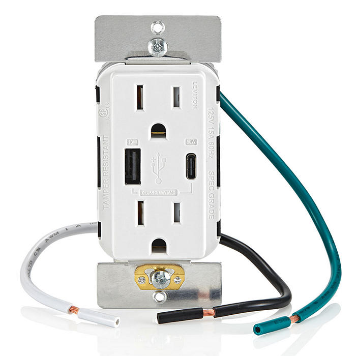 Leviton 60W USB Dual Type A/C Power Delivery Wall Outlet Charger With 15A Tamper-Resistant Outlet White (T5634-W)