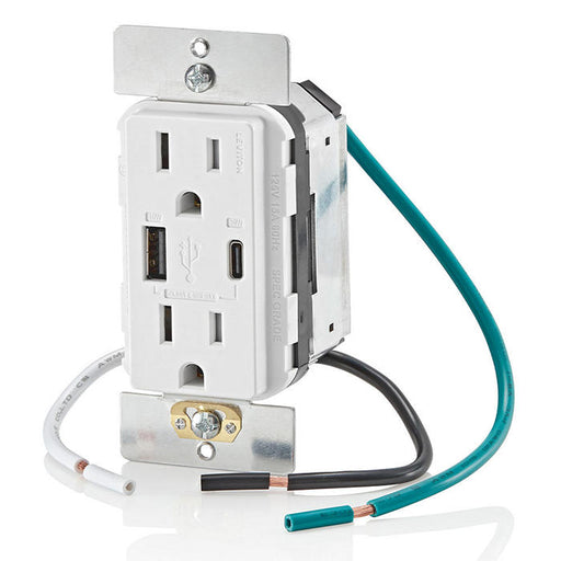 Leviton 60W USB Dual Type A/C Power Delivery Wall Outlet Charger With 15A Tamper-Resistant Outlet White (T5634-W)