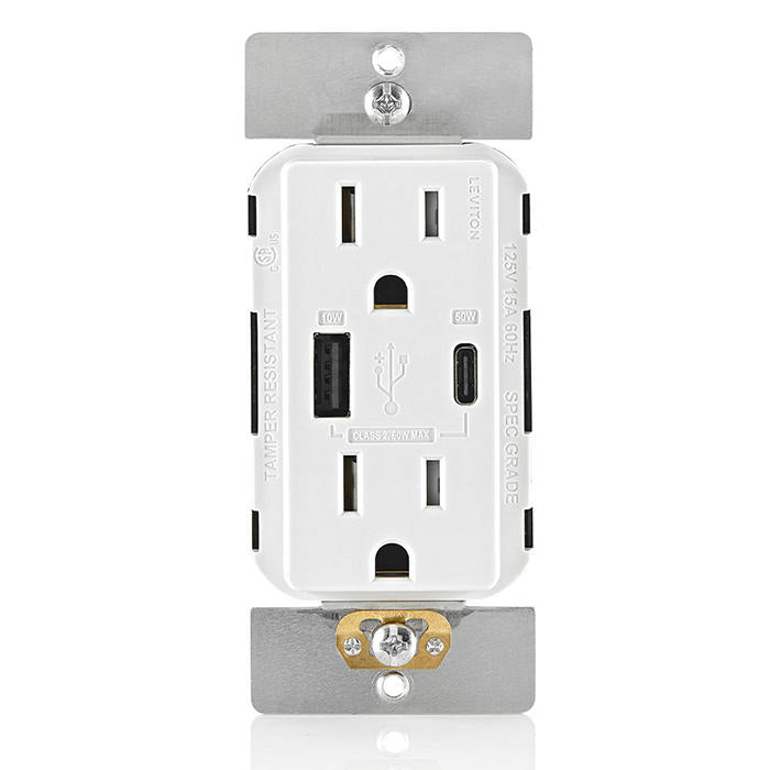Leviton 60W USB Dual Type A/C Power Delivery Wall Outlet Charger With 15A Tamper-Resistant Outlet White (T5634-W)