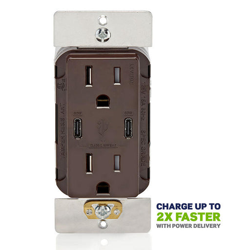 Leviton 60W USB Dual Type C/C Wall Outlet Charger With 15A Tamper-Resistant Outlet Brown (T5636-B)