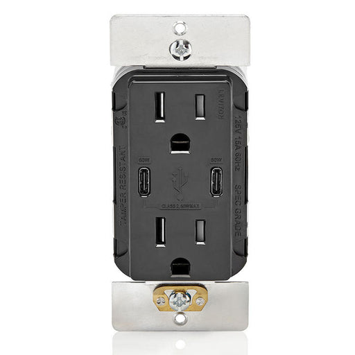 Leviton 60W USB Dual Type C/C Wall Outlet Charger With 15A Tamper-Resistant Outlet Black (T5636-E)