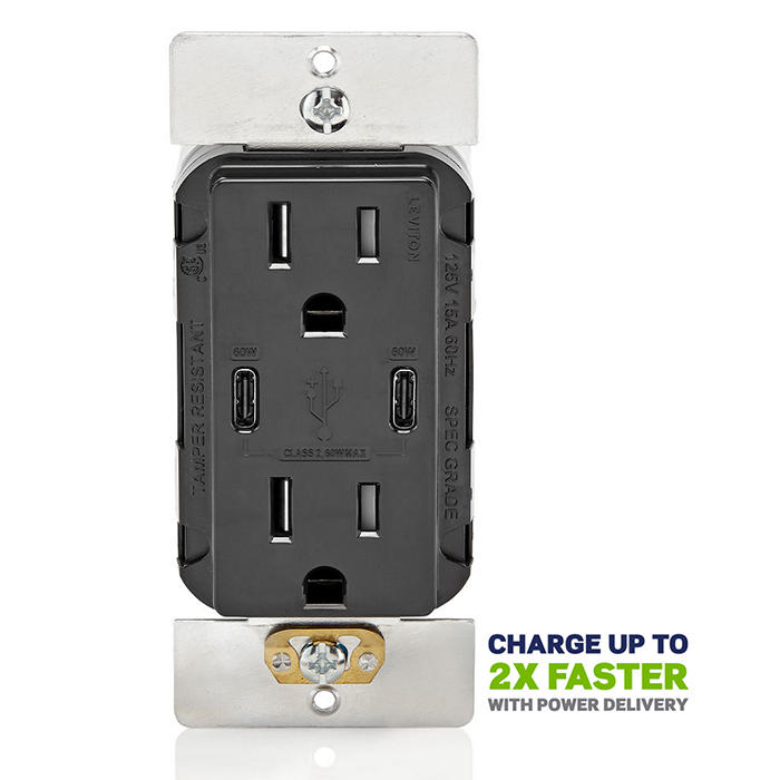 Leviton 60W USB Dual Type C/C Wall Outlet Charger With 15A Tamper-Resistant Outlet Black (T5636-E)