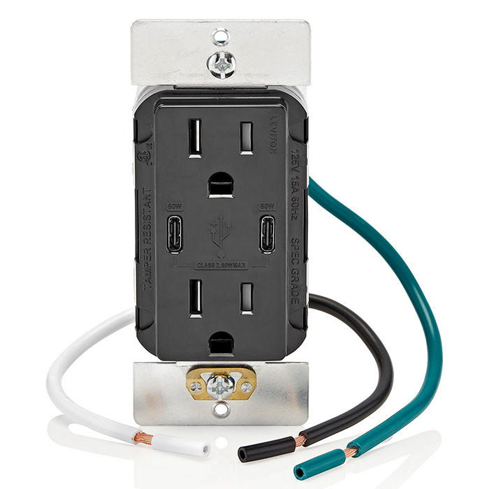 Leviton 60W USB Dual Type C/C Wall Outlet Charger With 15A Tamper-Resistant Outlet Black (T5636-E)