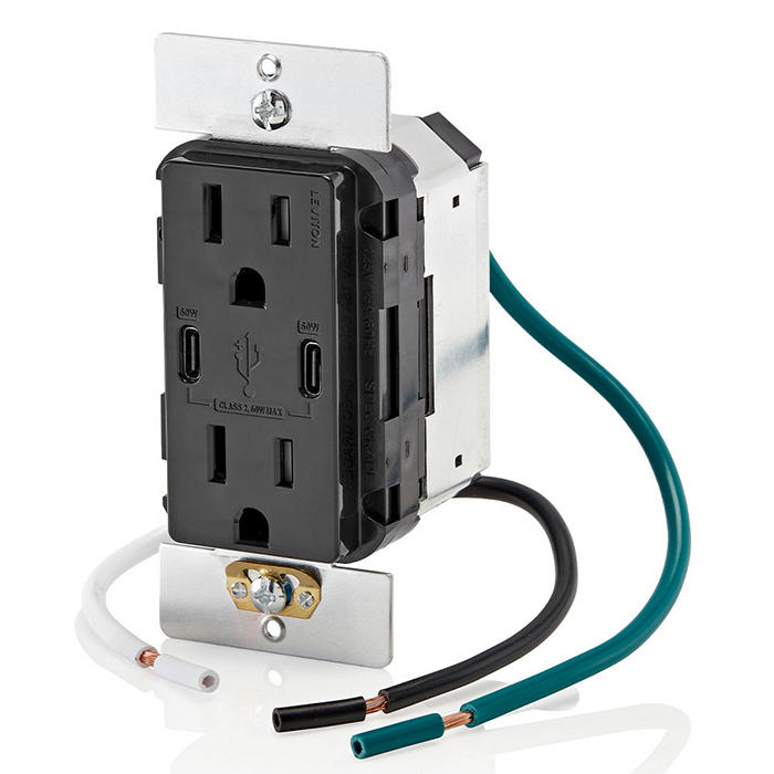Leviton 60W USB Dual Type C/C Wall Outlet Charger With 15A Tamper-Resistant Outlet Black (T5636-E)
