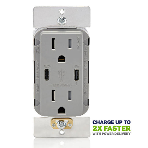 Leviton 60W USB Dual Type C/C Wall Outlet Charger With 15A Tamper-Resistant Outlet Gray (T5636-G)