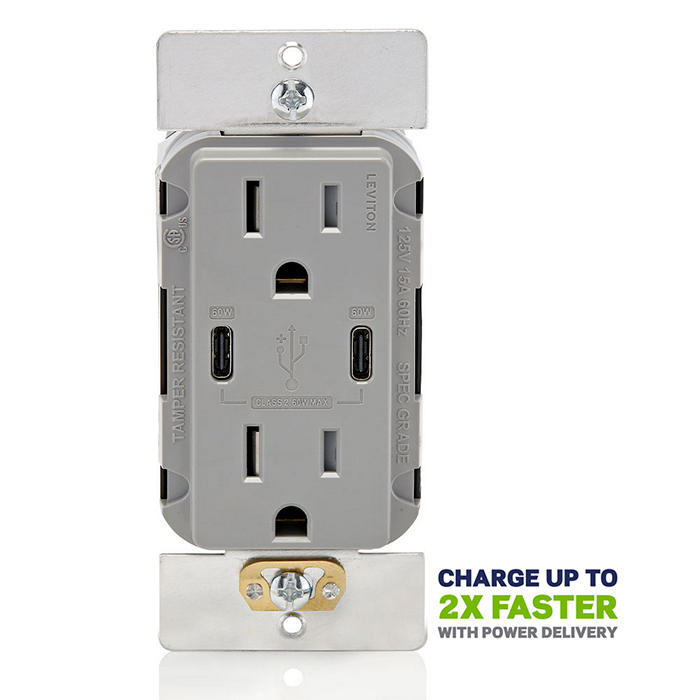 Leviton 60W USB Dual Type C/C Wall Outlet Charger With 15A Tamper-Resistant Outlet Gray (T5636-G)