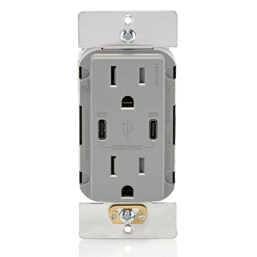 Leviton 60W USB Dual Type C/C Wall Outlet Charger With 15A Tamper-Resistant Outlet Gray (T5636-G)