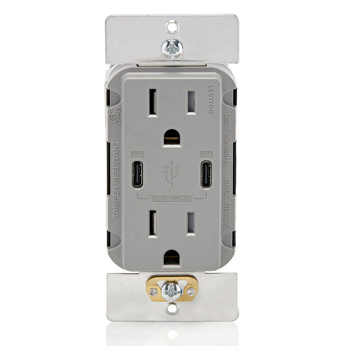 Leviton 60W USB Dual Type C/C Wall Outlet Charger With 15A Tamper-Resistant Outlet Gray (T5636-G)