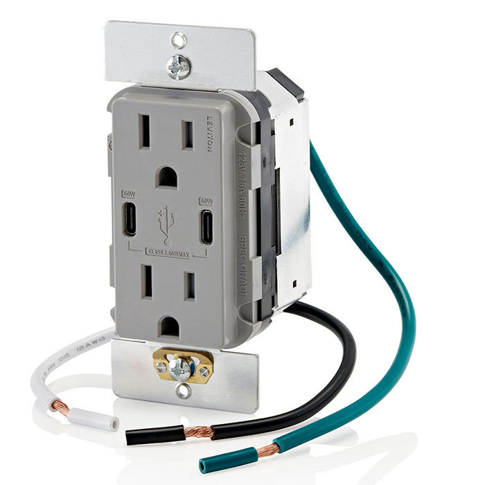 Leviton 60W USB Dual Type C/C Wall Outlet Charger With 15A Tamper-Resistant Outlet Gray (T5636-G)