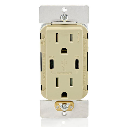 Leviton 60W USB Dual Type C/C Wall Outlet Charger With 15A Tamper-Resistant Outlet Ivory (T5636-I)