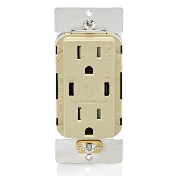 Leviton 60W USB Dual Type C/C Wall Outlet Charger With 15A Tamper-Resistant Outlet Ivory (T5636-I)