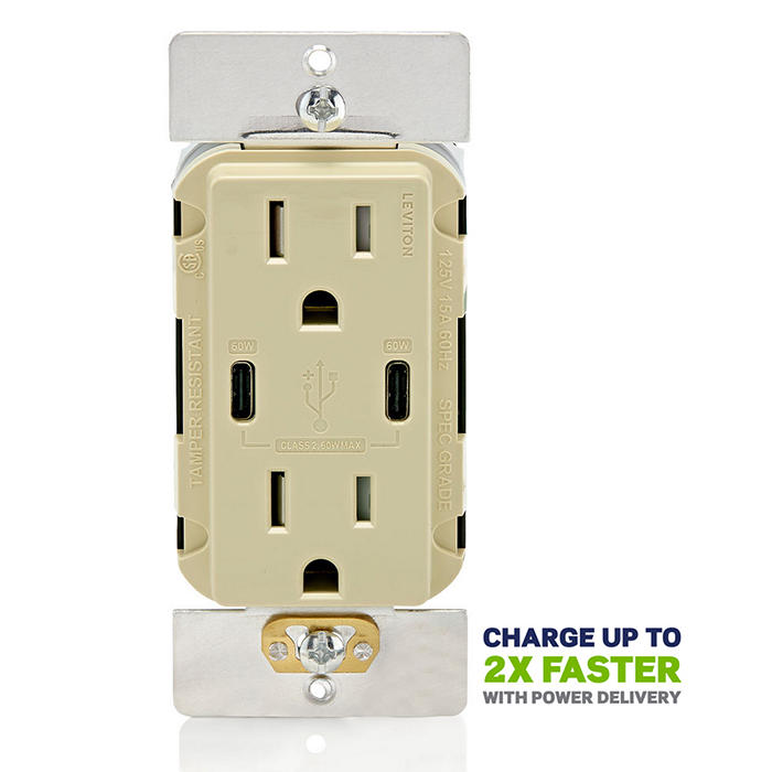 Leviton 60W USB Dual Type C/C Wall Outlet Charger With 15A Tamper-Resistant Outlet Ivory (T5636-I)