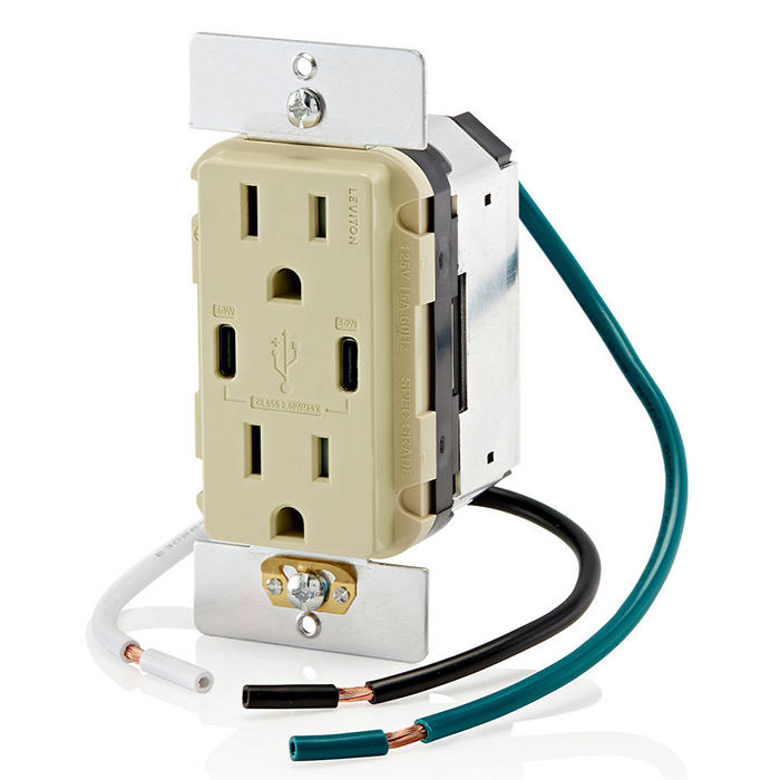 Leviton 60W USB Dual Type C/C Wall Outlet Charger With 15A Tamper-Resistant Outlet Ivory (T5636-I)