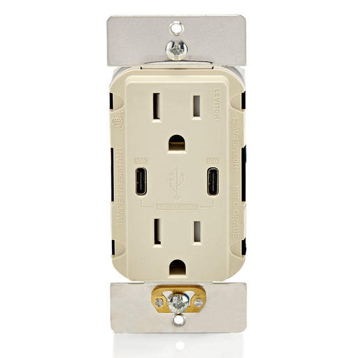 Leviton 60W USB Dual Type C/C Wall Outlet Charger With 15A Tamper-Resistant Outlet Light Almond (T5636-T)