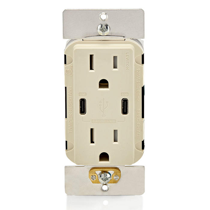 Leviton 60W USB Dual Type C/C Wall Outlet Charger With 15A Tamper-Resistant Outlet Light Almond (T5636-T)