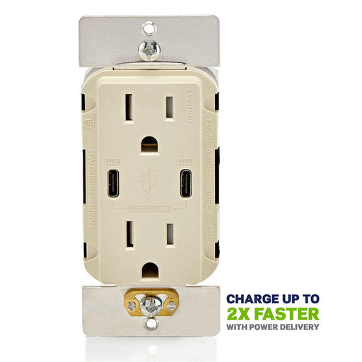 Leviton 60W USB Dual Type C/C Wall Outlet Charger With 15A Tamper-Resistant Outlet Light Almond (T5636-T)