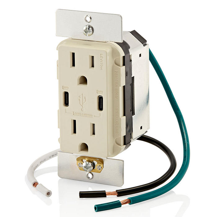 Leviton 60W USB Dual Type C/C Wall Outlet Charger With 15A Tamper-Resistant Outlet Light Almond (T5636-T)