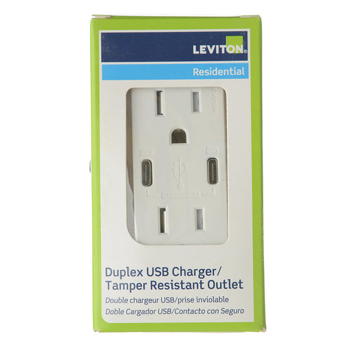 Leviton 60W/6A USB Dual Type-C/C Power Delivery Wall Outlet Charger With 15A Tamper-Resistant Outlet (T5636-W)