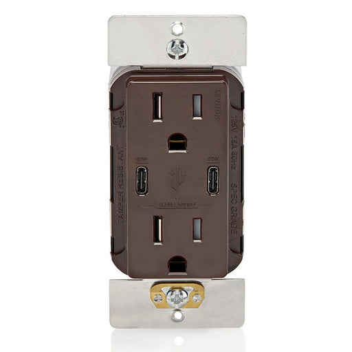 Leviton 60W USB Dual Type C/C Wall Outlet Charger With 15A Tamper-Resistant Outlet Brown (T5636-B)