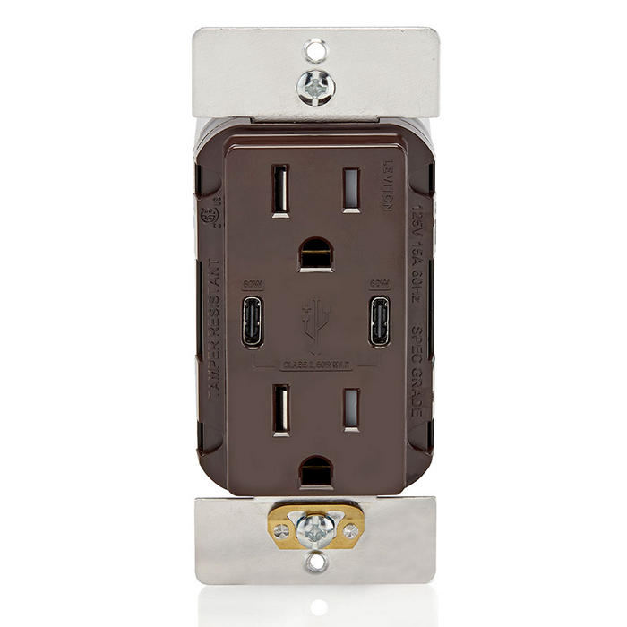Leviton 60W USB Dual Type C/C Wall Outlet Charger With 15A Tamper-Resistant Outlet Brown (T5636-B)
