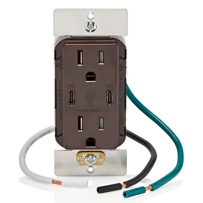 Leviton 60W USB Dual Type C/C Wall Outlet Charger With 15A Tamper-Resistant Outlet Brown (T5636-B)