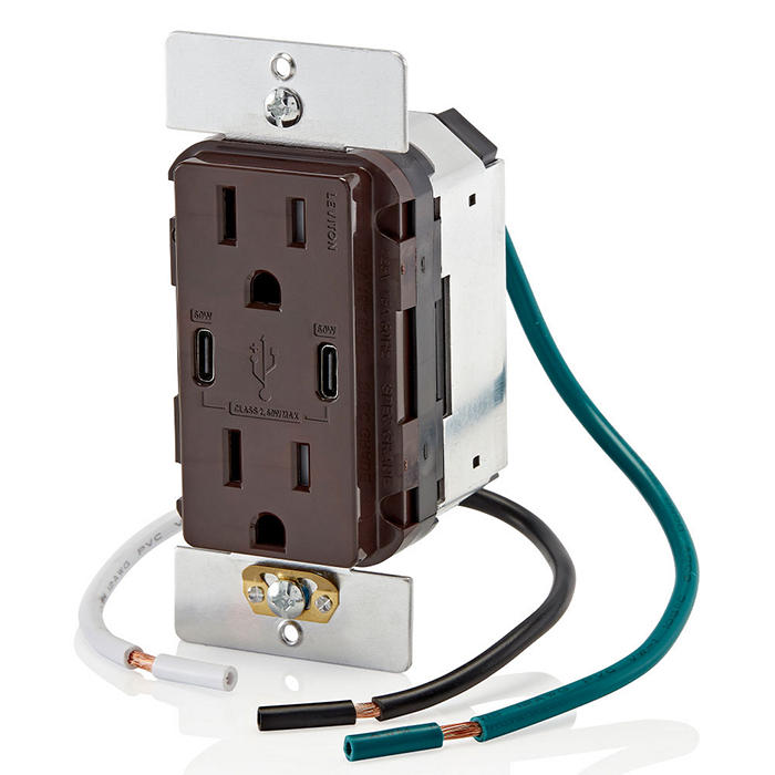 Leviton 60W USB Dual Type C/C Wall Outlet Charger With 15A Tamper-Resistant Outlet Brown (T5636-B)